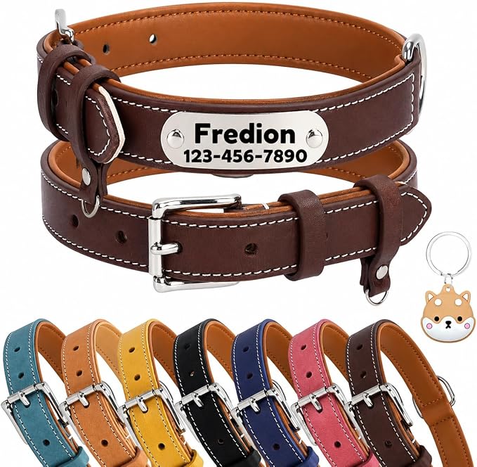 Personalized Leather Dog Collar with AirTag Holder Case, Custom Engraved Nameplate Dog Collar, Adjustable Genuine Leather Soft Padded Dog ID Collar for X-Small Small Dogs-Brown Padded-S