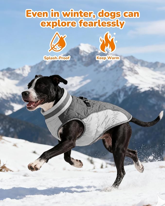Dog Coat for Large Dogs, Adjustable Dog Jackets for Cold Weather, Reflective Winter Coat with Built-in Harness, Snowsuit Fits Dogs 22-47 lbs and Up, Size L Black