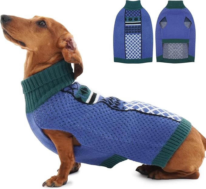Medium Dog Sweater, Fall Turtleneck Sweater with Leash Hole, Thick Knit Pullover for Cold Weather Christmas Sweaters for Medium Dogs Girl Boy Dachshund, Blue M