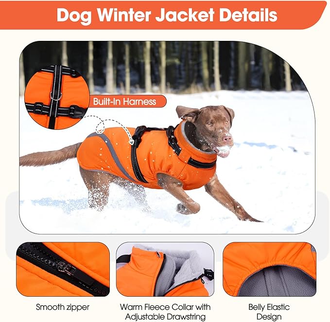 BRKURLEG Dog Winter Jackets for Large Dogs, Dog Coat with Harness Built in, Dogs Snowsuits with Zipper, Waterproof Windproof Pet Puffer Jacket Fleece Vest for Labrador, German Shepherd, Orange XXXL