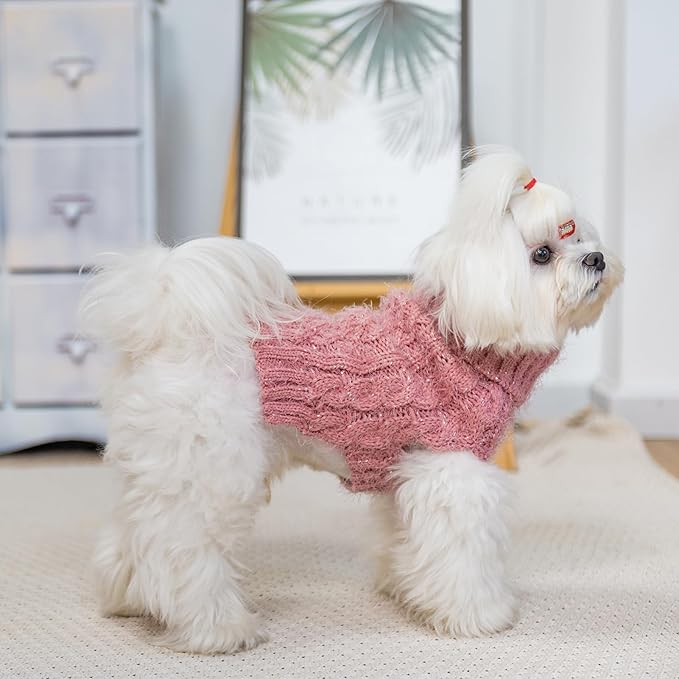 Turtleneck Small Dog Sweaters - Classic Cable Knitwear Winter Coat for Small Medium Dogs Male Female Puppy Dog Cold Weather Clothes Girls Boys, Light Pink, S/M