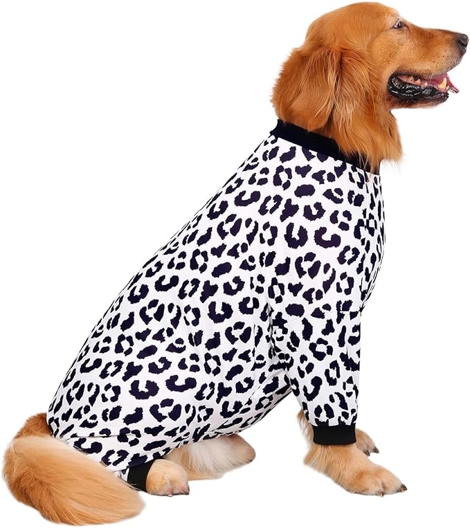 HDE Dog Pajamas One Piece Jammies Jumpsuit Pet Clothes Outfit Stretchy Lightweight Comfy Shirt Pjs for M-3XL Dogs Snow Leopard - M