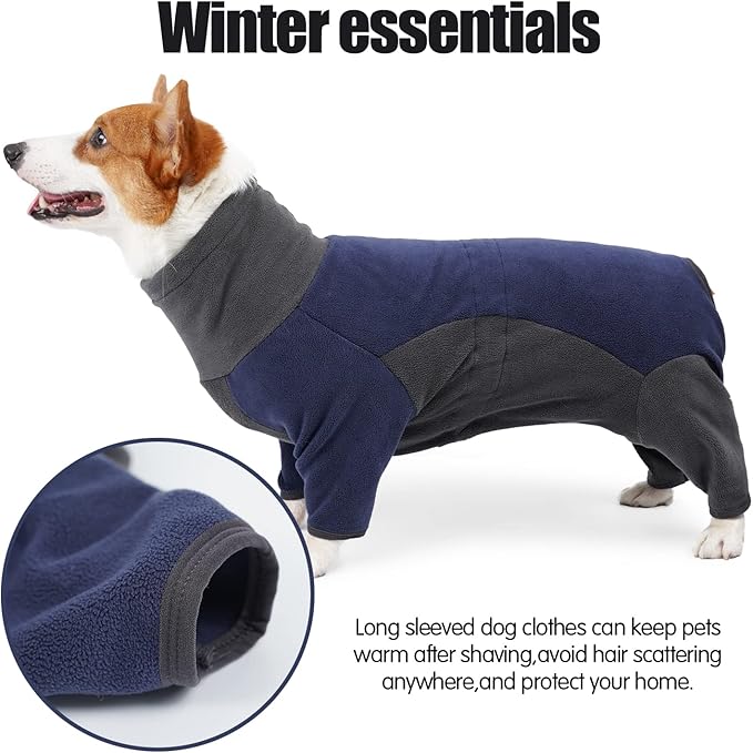 Dog Winter Coat Soft Warm Pajamas Windproof Fleece Sweatshirt Cold Weather Clothes High Neck Full Body Onesie for Walking, Hiking, Travel, Home Wear, Blue Grey XXXL