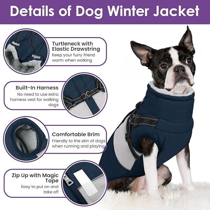 SUNFURA Small Dog Coat with Harness Built in, Warm Dog Jacket Winter with Zipper On Back, Waterproof Pet Snow Jacket Snowsuit Pet Sweater Clothes for Schnauzer, Yorkshire Terrier, Navy Blue S