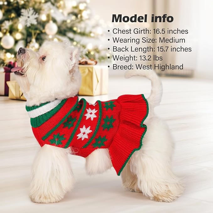 KYEESE Dog Christmas Sweater Pullover Dog Sweater for Small Dogs Warm Dogs Coats Pet Clothes Pet Sweater Dress with Snowflake Pattern Turtleneck Knit Pet Sweater for Girl with Leash Hole, Red, Large