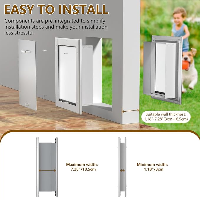 Ownpets Aluminum Dog Door for Wall and Door, Double Flap Energy Efficient, Telescoping Tunnel and Lock Panel, Heavy Duty Doggy Door for Dogs Up to 40lbs, Medium | Inner 9.25* 12.9 For Dog ≤40lbs, Telescoping Tunnel, Double Flap Insulation Energy Effici...