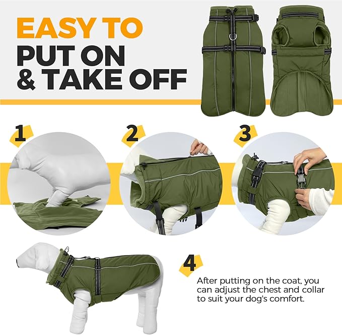 Lelepet Dog Coat for Large Dogs Waterproof Dog Jacket with Harness Built in Reflective Fleece Jacket with Zip Cold Weather Coats for Dogs Cozy Thermal Pet Snowsuit, Weimaraner, Army Green, XXL