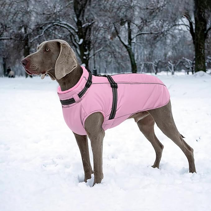 Lelepet Dog Coat for Large Dogs Waterproof Dog Jacket with Harness Built in Windproof Reflective Fleece Jacket with Zip Warm Winter Coats for Dogs Cozy Thermal Pet Snowsuit, Border Collie, Pink, XL