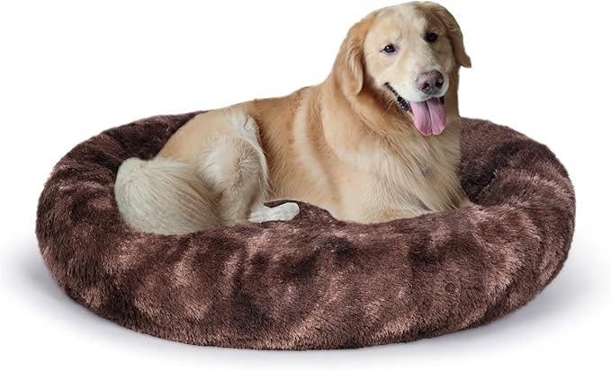 Oval Calming Donut Cuddler Dog Bed,Shag Faux Fur Cat Bed Washable Round Pillow Pet Bed(30"/36"/43") for Small Medium Dogs (XL(36"x27"x7"), Brown2021)