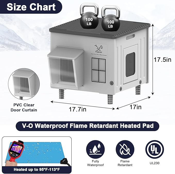 Tepoal 17.7"x17"x17.5" Plastic Heated Cat House for Outside Winter, Weatherproof Outside Cats Shelter with Safety Escape Doors and Heating Pads, Elevated Feral Cat House for Wild and Stray Cats (Grey)