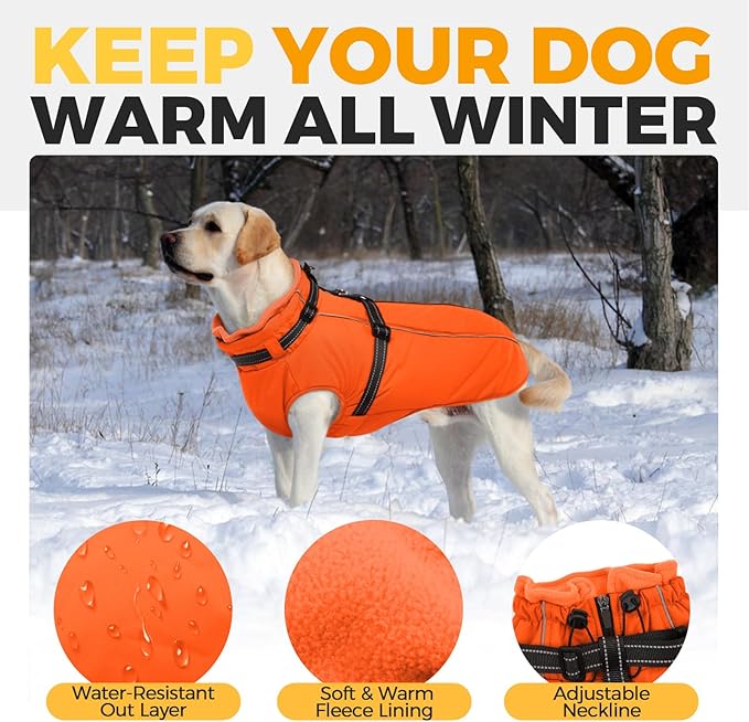 Lelepet Dog Winter Coat Waterproof Dog Jacket with Harness Built in Windproof Reflective Pet Coats for Small Medium Large Dogs, Thermal Fleece Lined Coats for Cold Weather Walking Hiking, Orange, M