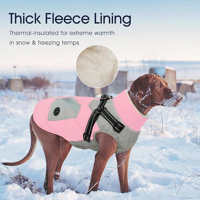 IECOii Dog Winter Coat with Harness Built in, Waterproof Windproof Dog Coats for Large Dogs, Thermal Fleece Lined Cold Weather Jackets with Zip, Outdoor Warm Snow Jacket Reflective, Pink, XLarge