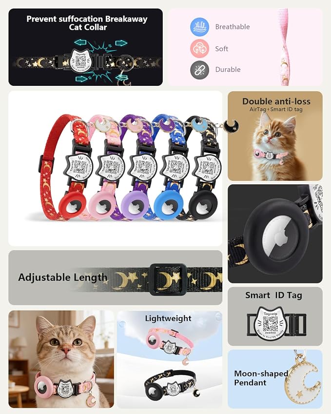 3 Pack Smart QR Code Cat Collars with Built-in AirTag Holder, Breakaway Adjustable Kitten Collars with Moon Pendant, Safety Pet ID Collars for Cats, 7.0–12.5”, Black Blue Pink