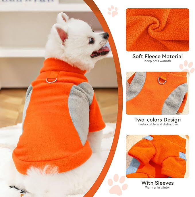 Small Fleece Dog Sweater with Leash Ring Soft Warm Fall Winter Dog Clothes Cute Cat Apparel Puppy Sweaters Classic Pullover Doggy Sweatshirts Chihuahua Costumes Cat Outfits(Orange,S)