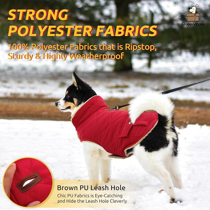 Queenmore Warm Dog Coat, Cold Weather Puffer Jacket with Ultra Thick Plush Lining and Storage Pockets (Red, X-Large)
