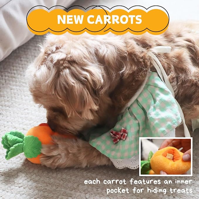 CECE PAW Dog Enrichment Puzzle, Interactive Squeaky Carrot Farm Snuffle Mat for Mental Stimulation and Puppy Brain Training, Small, Medium and Large Dogs (Upgraded Carrots with Treat Pockets)