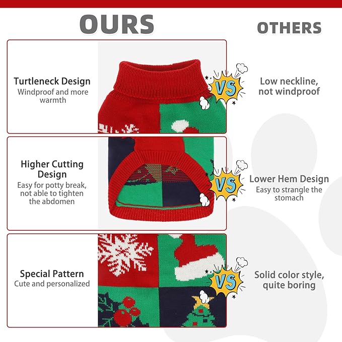 KOOLTAIL Christmas Dog Sweater, Cold Weather Pet Knitted Sweater Turtleneck Pullover, Red Green Color Design Doggie Sweatshirt, Thick Warm Dog Winter Clothes for Small Medium Large Dogs Boys Girls, M