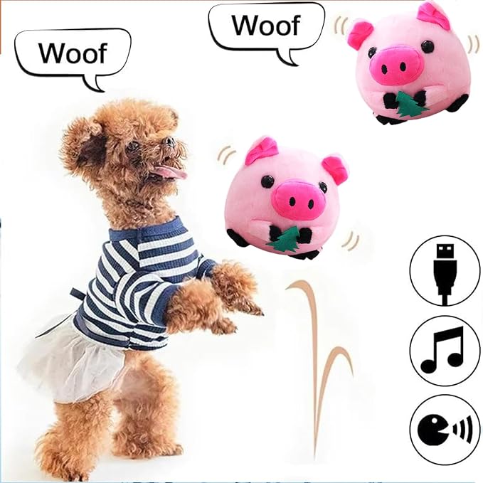 Active Moving Pet Plush Toy, Interactive Dog Toys Pet Bouncing Balls, USB Rechargeable Interactive Washable Cartoon Pig Plush Sound Electronic Dog Toy, Small Cute Squeaky Pig Dog Toy (Pink)