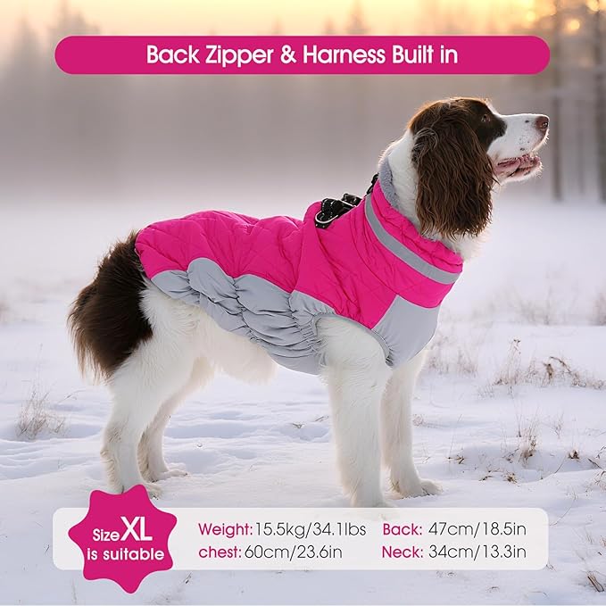 FUAMEY Dog Coat for Small Dogs,Waterproof Dog Winter Jacket with Harness Built in Puppy Cold Weather Coats Reflective Pet Vest with Zipper Warm Fleece Dogs Snowsuit Windproof Pink XS