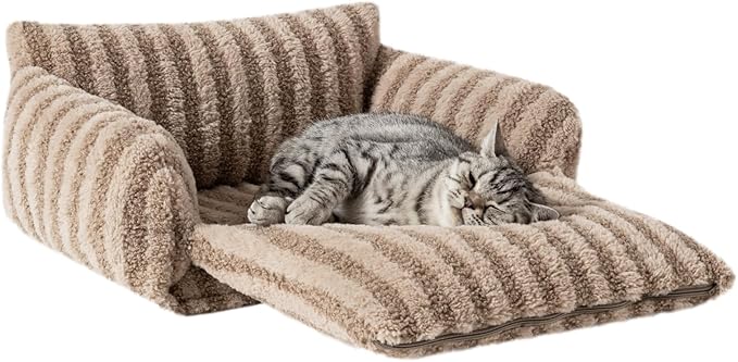 Hollypet Cat Bed Fluffy Plush Mutifuctional Double-Layer Soft Pet Couch Orthopedic Sofa Nest Beds for Small Cats and Dogs, Khaki (21x15x8 inch)