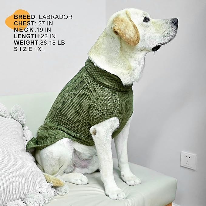 Large Dog Sweater, Classic Cable Knit Warm Dog Sweatshirt with Reflective Yarn for Girl Boy, Halloween Fall Winter Coat Turtleneck Pullover Clothes Apparel for Small Medium Large Dogs, Green L
