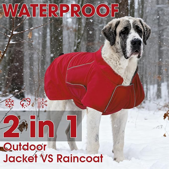 ROZKITCH Great Dane Sweater, Waterproof Windproof Dog Rain Jacket with Fleece Liner and Leash Hole Reflective Strip for Giant Dog, Adjustable Poncho Vest for Outdoor Hiking Travel Red 4XL