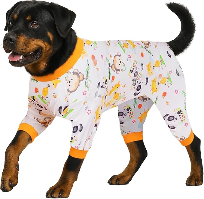 LovinPet Pitbull Mix Pajamas - Pet Anxiety Relief Shirt, Dog Pajamas, UV Protection Comfy Stretchy Fabric, White Animal Print, Large Dog Pjs, Pitbull Clothes, Surgical Recovery Shirt, Orange 3XL