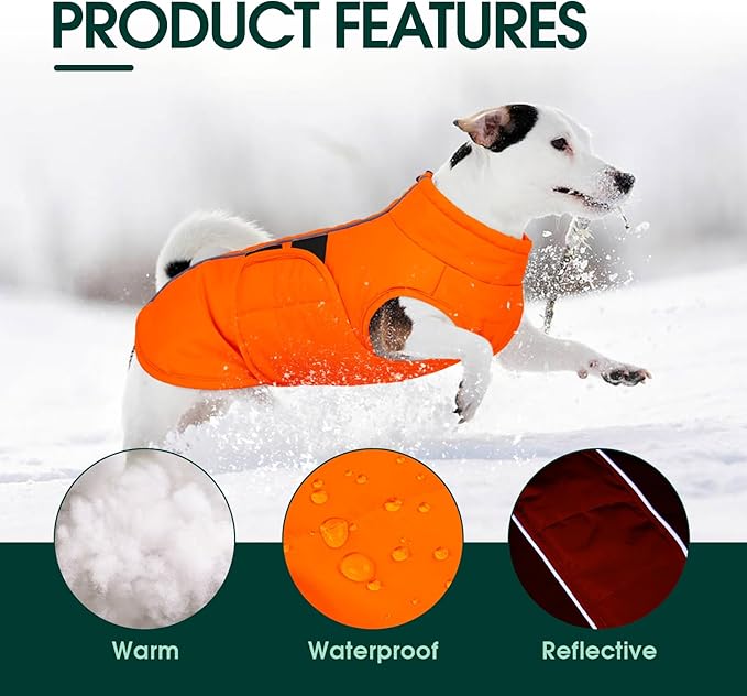 Kuoser Dog Jacket, Dog Coats for Large Dogs Winter Waterproof, Reflective Doggie Vest with Leash Hole, Cold Weather Coats Pet Snow Jacket for Labrador Beagle, Warm Hunting Vest, Orange XL