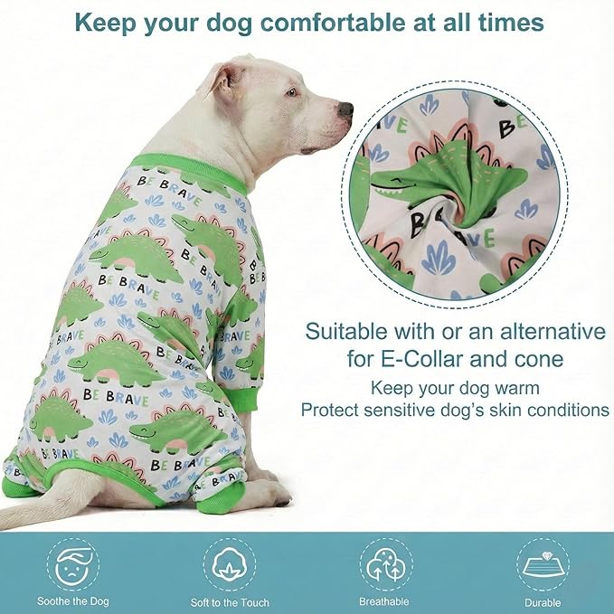LovinPet Large Dog Pajamas, Four-Leg Stretch Onesie Bodysuit, Lightweight UV-Shielding Pajamas, Anti-Lick Calming Recovery Suit for Surgery, Pull-On for Medium and Large Breeds,White Green,XXL