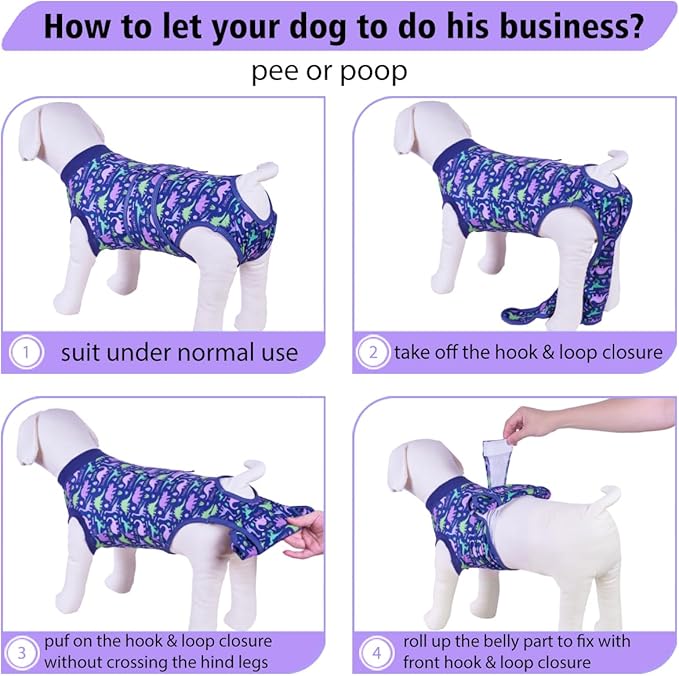 PetWarm Dog Recovery Suit, Onesies for Dogs, Dog Cone Alternative After Surgery Substitute E-Collar and Cone Prevent Licking Dog Onesies Pet Surgery Recovery Suit, Dinosaur Pattern, Blue Purple, 2XL