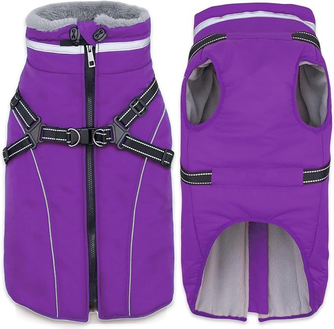 Fragralley Dog Coat with Harness Built in, Waterproof Windproof Reflective Warm Puffer Jacket, Fleece Lined Vest Winter Parka for Small, Medium, Large Dogs