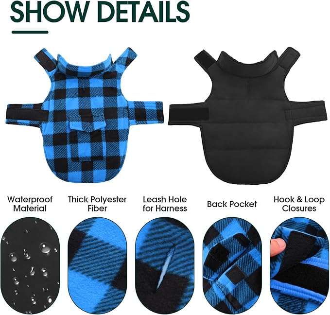 Kuoser Dog Winter Coat, Windproof Dog Fleece Jacket British Style Plaid Cold Weather Doggie Vest Coats, Reversible Cozy Warm Pet Clothes Apparel for Large Size Dogs XL