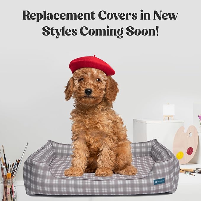 Pupstilo Orthopedic Bolster Dog Bed – CertiPUR-US Foam, Recycled Polyester Canvas, Washable Cover, Anti-Slip Bottom, Medium, Grey Plaid – Stylish Designer Dog Sofa
