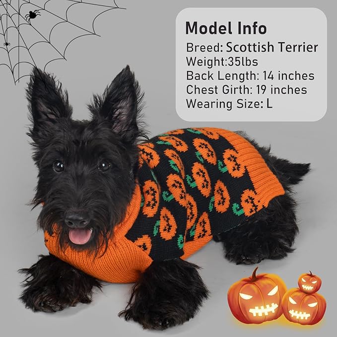 KYEESE Halloween Dog Sweater for Small Dogs with Leash Hole Adorable Pumpkin Pattern Turtleneck Doggie Outfit Soft Warm Knitwear Orange Knitted Dog Clothes Girl Festive Lightweight Halloween, Medium