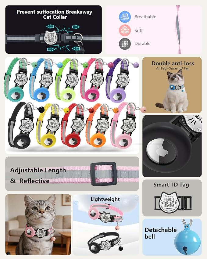 Cat Collar with AirTag Holder, QR Code Tag and Bell (Blue)