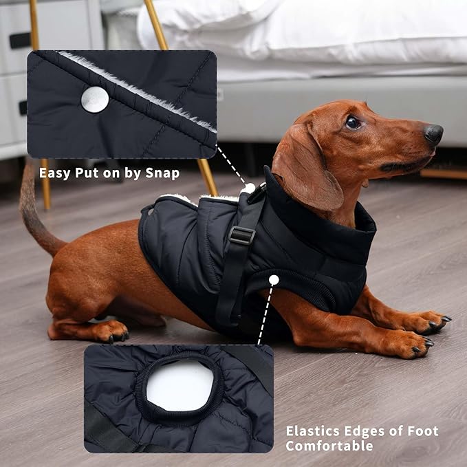 Dog Jacket with Harness,Fleece Lined Warm Puppy Coat for Winter,Soft Windproof Medium Dog Vest,Black XL