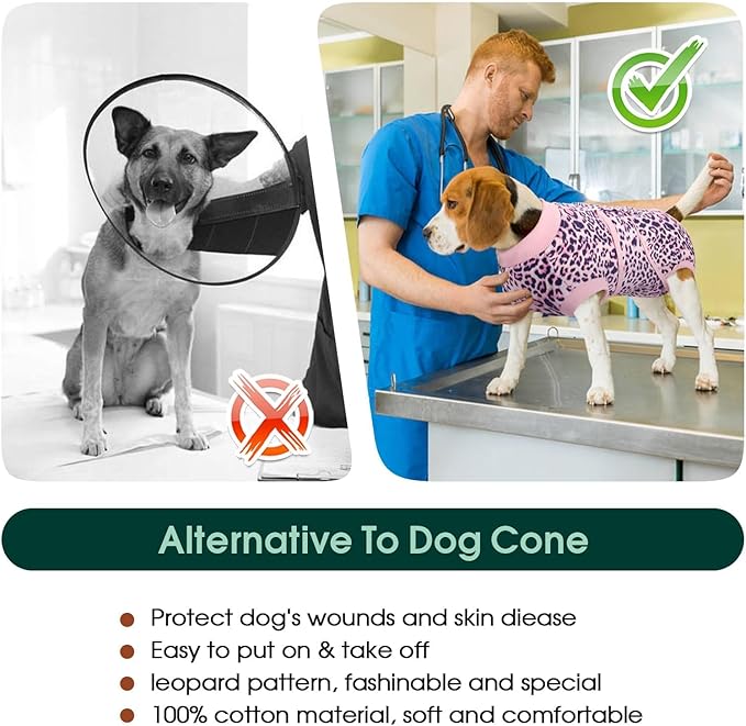 Kuoser Dog Surgery Suit, Comfy Dog Recovery Suit Female Doggie Onesie for Surgery, Post Op Protective Onesie, Soft E-Collar Alternative for Cats & Puppies, PinkLeopard XS