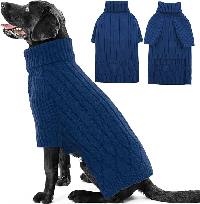 XL Dog Sweaters - Warm Winter Fall Dog Knitwear, Turtleneck Doggie Christmas Sweater, Pet Sweatshirt Clothes Outfit Knit Labrador (Blue XL)
