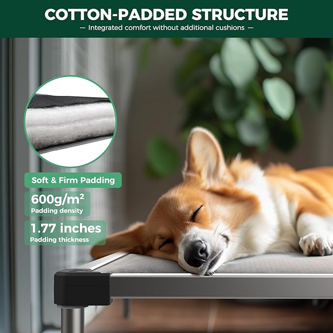 FXW TitanNest Chew-Proof Elevated Dog Bed, Raised Cot for Indoor/Outdoor/Camping Use, Durable & Washable Padded Pet Bed for Extra-Large Dogs, 56.0" L x 31.0" W x 7.3" H, Black