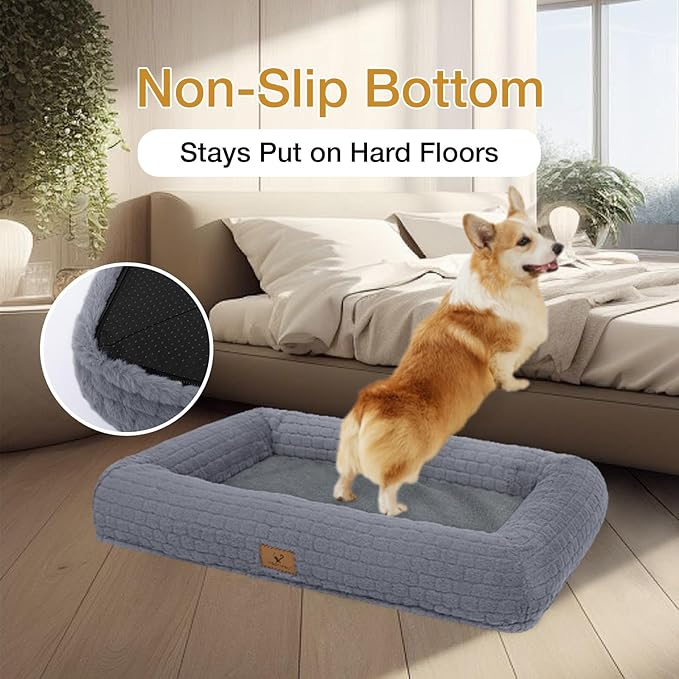 Plush Orthopedic Dog Bed for Medium Large Dogs, Memory Foam Bolster Sofa Bed with Removable Washable Cover, Waterproof Lining & Non-Slip Bottom (Grey-M)