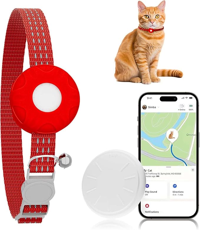 Cat GPS Tracker, Cat Tracker Compatible with Apple Find My App (Only iOS), No Monthly Fee, Waterproof, Breakaway Collar Included, Up to 1 Year Battery, Red