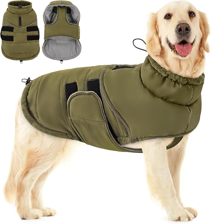 Peferhouse Dog Warm Winter Coat for Large Dogs - Male, Cold Weather Jacket, Windproof, Reflective, Thick Vest, ArmyGreen, 2XL