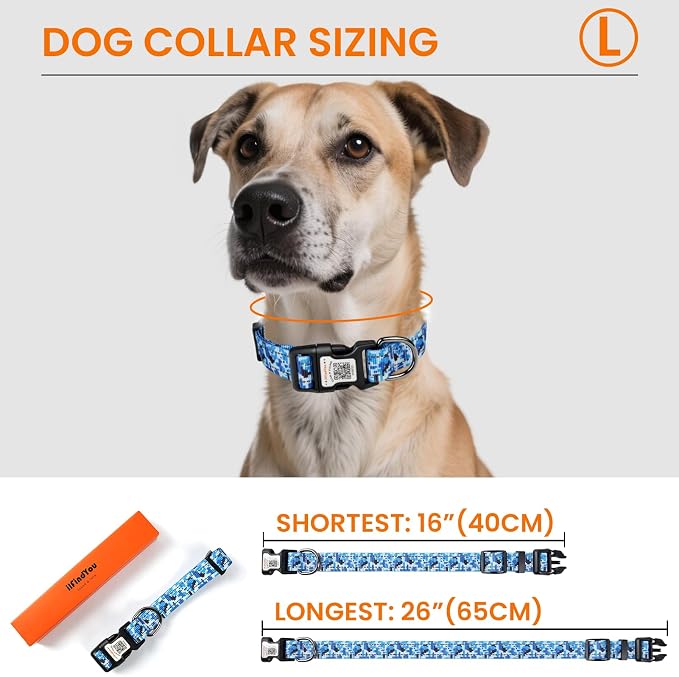 Personalized Dog Collar with QR Code Dog Tag, Camo Blue L | Anti-lost, 1000D nylon, reflective, padded, XS-L(8"-24"), QR buckle shares lost pet profile, location alerts when scanned