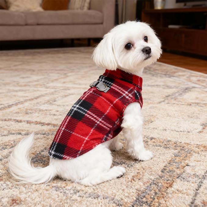 BEAUTYZOO Dog Fleece Vest Sweater Winter Jacket for Small and Medium Dogs with D-Ring Leash Cold Weather Coat Hoodie for XS S M Dogs Boy or Girls, Red Buffalo XS