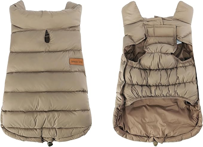 SPACE LION Dog Puffer Jacket, Down Winter Coat, Durable Outdoor Coat for Cold and Windy Conditions, Lightweight & Adjustable Fit Coats for Small Dogs, (Khaki, Size10/S)
