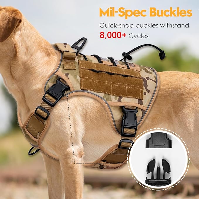 Heavy-Duty Tactical Dog Harness for Large Dogs, No Pull Adjustable Reflective Pet Vest with Molle System, K9 Military-Grade Control for Service Training, Outdoor & 10+ Breeds, Desert Camo, Large