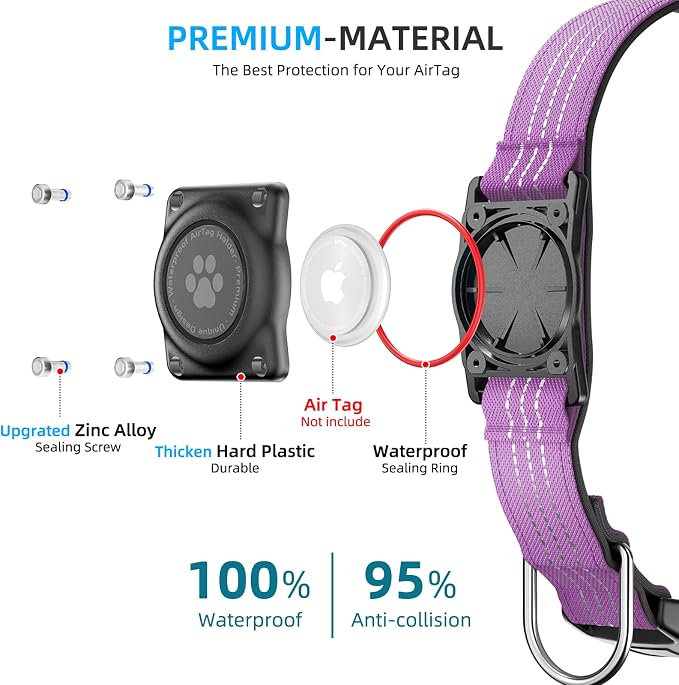 Upgrade Dog Collar with AirTag Holder, IP68 Waterproof, Purple, XL | Built-in Water Resistant AirTag holder, 1000D Nylon, Reflective Stitching for Night Visibility, Soft padding for Comfort