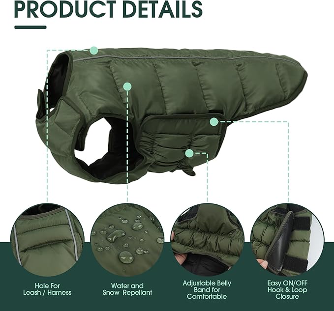 Kuoser Dog Puffer Jacket Warm Dog Coat for Medium Large Dogs, Windproof Reflective Pet Padded Vest Cold Weather Clothes Puppy Snowsuit with Hook & Loop Coats, Easy On/Off, Green L