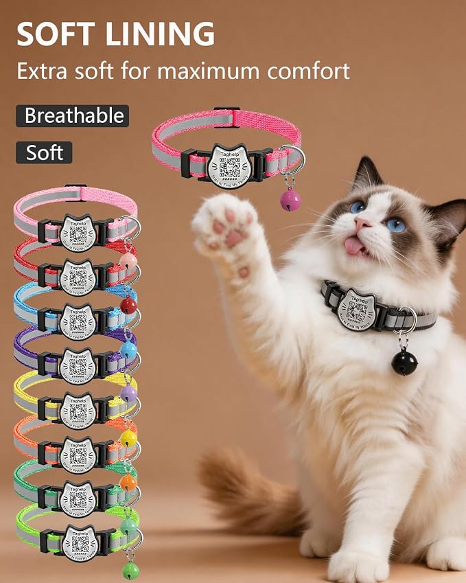 Breakaway Cat Collar with QR Code Tag and Bell(Yellow & Green) | Reflective Nylon, Quick-Release Buckle
