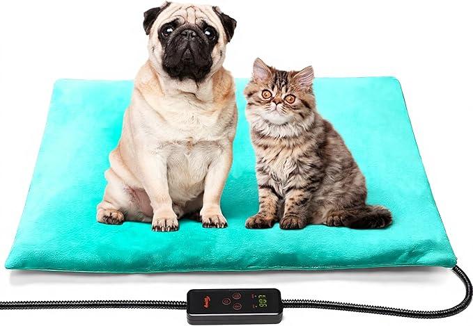 Dog Cat Heating Pad, 6 Adjustable Temperature Dog Cat Heating Pad with Timer, Waterproof Heated Dog Bed with Chew Resistant Cord, Indoor Electric Pet Heated Mat, 28x20in, Green